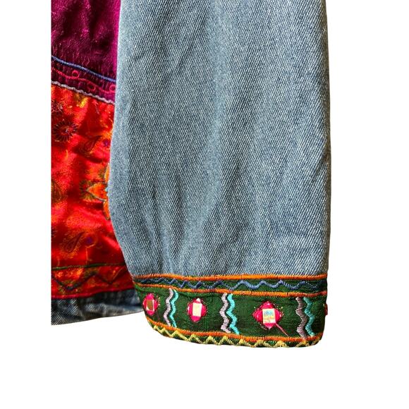 Vintage Cotton Blue Denim 100% Silk Patchwork Jacket 1X Funky Artsy Teacher 80's - Picture 8 of 8